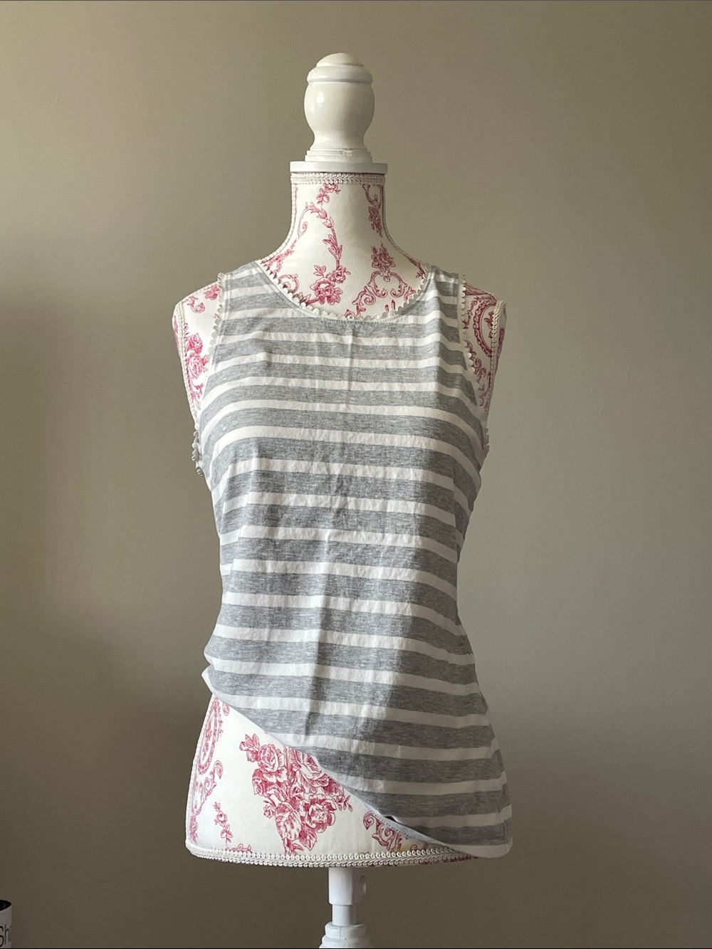 J. Crew Striped Gray & White Sleeveless Tank Top with Scalloped Edge